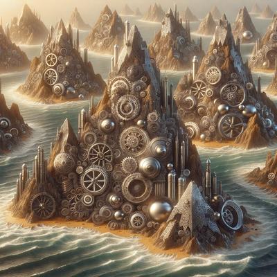 The primary subject of the image is a large, intricate clock tower, which is the main object, scene, or focus of the image. The setting/background features a body of water, with the clock tower rising out of the water. The visual style of the image is digital art, as it is a detailed and intricate illustration. The colors and mood of the image are predominantly silver and blue, giving it a futuristic and serene atmosphere.